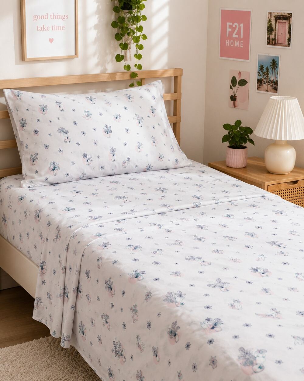 Forever 21 Home Twin XL Sheet Set Cats Plants Pink Teal Dorm Bedding